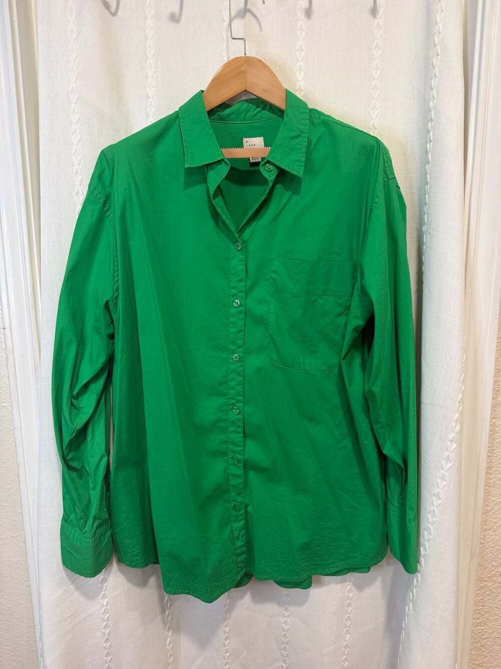 A New Day Women’s Large Green Button Down Shirt Relaxed Fit Oversized Blouse
